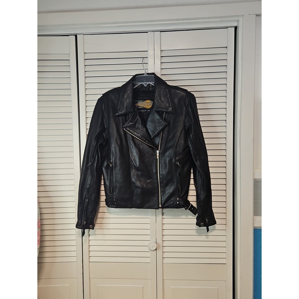 Power Trip Jacket Womens Lg Leather Black Motorcycle Coat Zippered Lined Padded